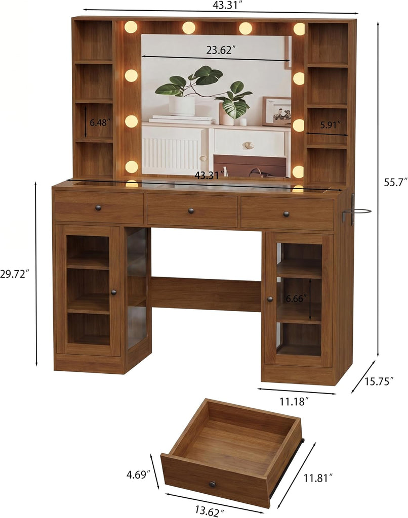 Walnut Vanity Desk with Mirror and Lights, Glass Top Vanity with Lighted Mirror & RGB Glass Cabinet and 3 Drawers