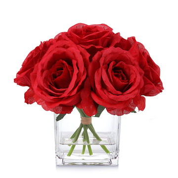 Red Roses Silk Flowers in Vase with Fake Water, Artificial Rose with Vase Decor Indoor, Wedding Table (Red)