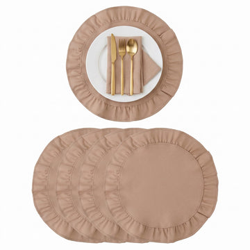Round Ruffled Linen Blend Placemats, 15 Inch Scalloped Table Mats, Set of 4