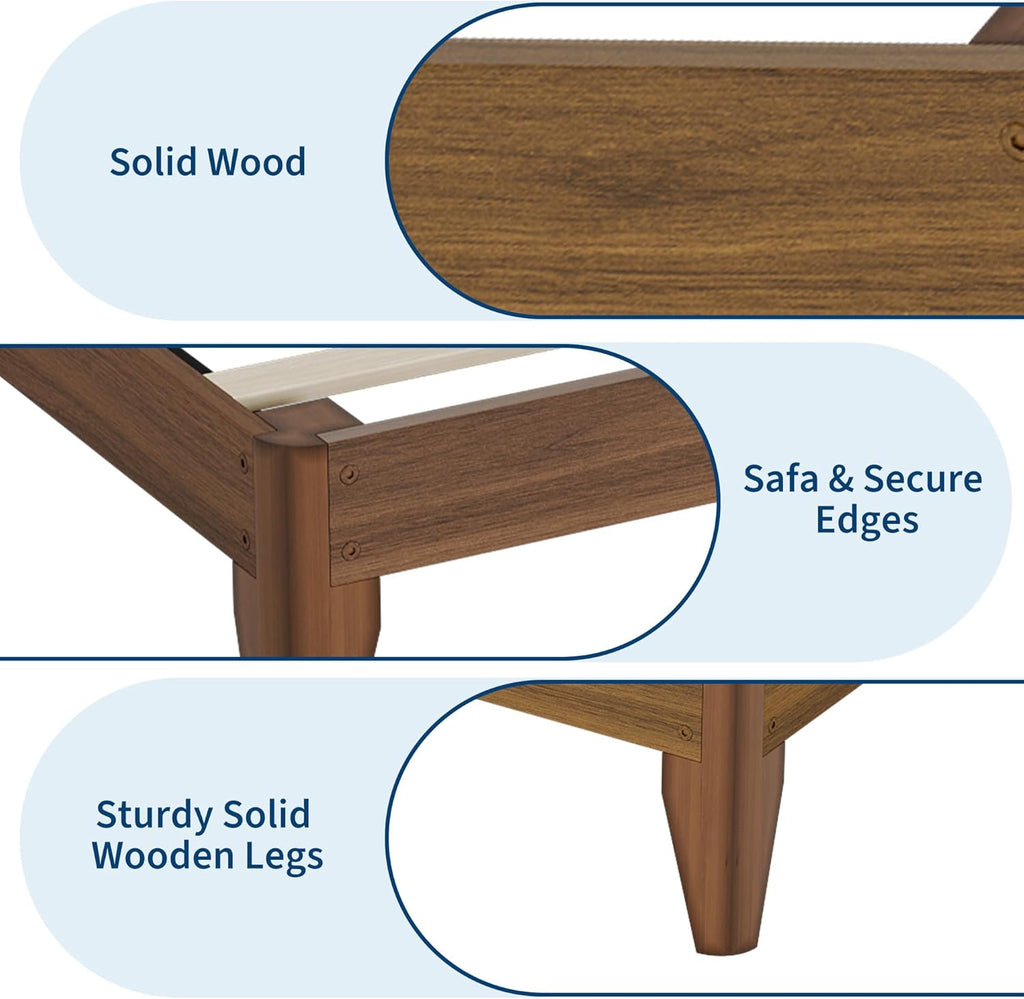Wood Platform Bed Frame Queen, Solid Wooden Legs and Wooden Slats Support, Sturdy Metal Central Structure, No Box