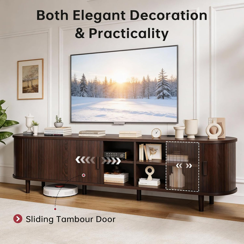 70" Mid Century Modern TV Stand, Wood TV Consoles with Sliding Doors and Power Outlet, Entertainment Center with Adjustable Shelves, Fluted TV Stands for Living Room, Walnut