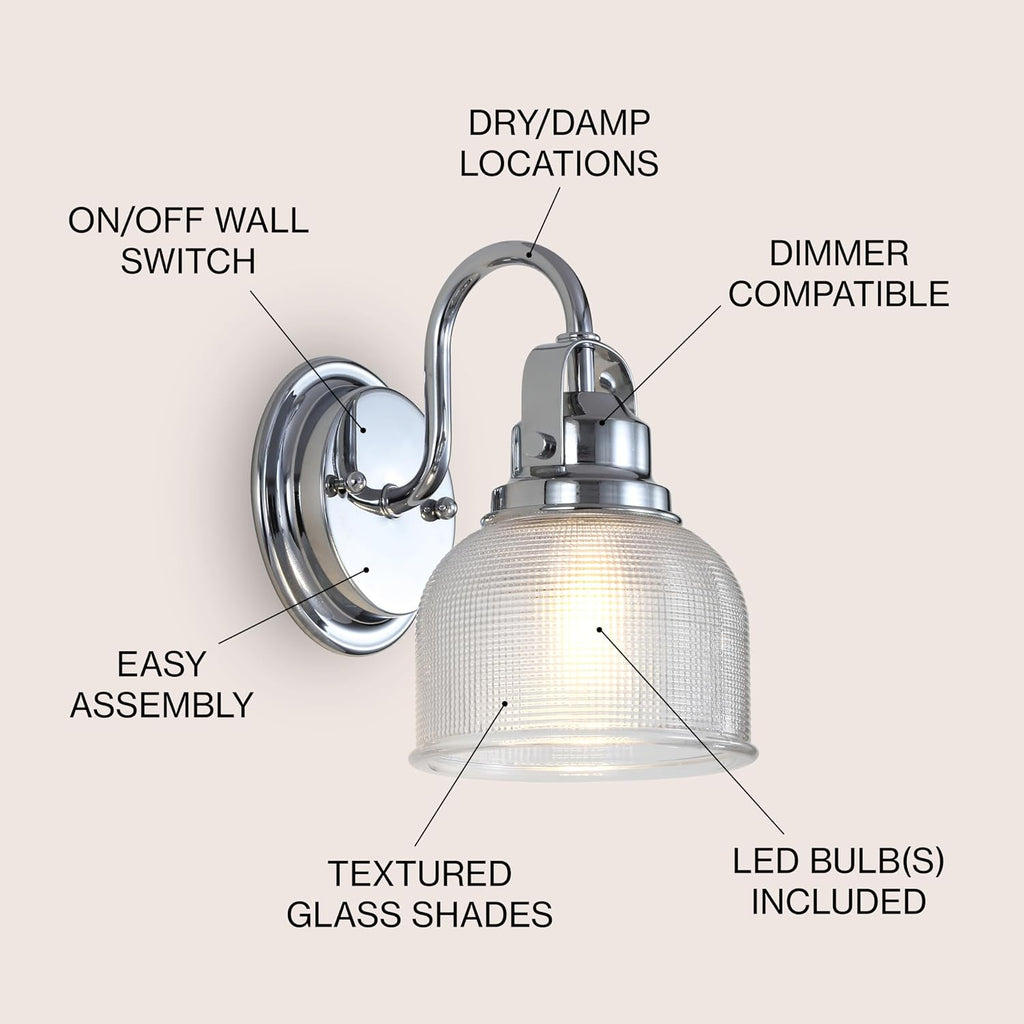 Virginia 1-Light Bath Vanity Light 5.75", Chrome | Metal Wall Sconce, Clear Glass Textured Bell Shade, Dimmable, For