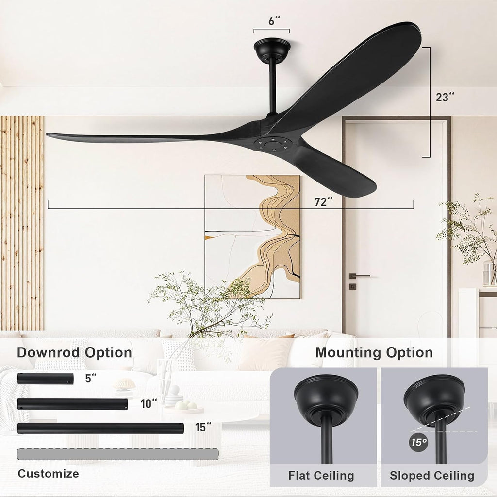 72 Inch Black Ceiling Fan No Light，Wood Indoor Outdoor Ceiling Fan Without Lights for Patios Living Room Gazebo