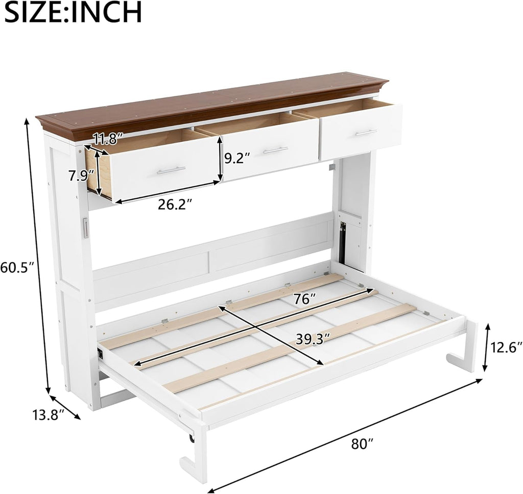 Twin Horizontal Murphy Bed with Drawers,Wood Space-Saving Folding Hideaway Murphy Wall Bed with Storage Drawers, for Adults,White