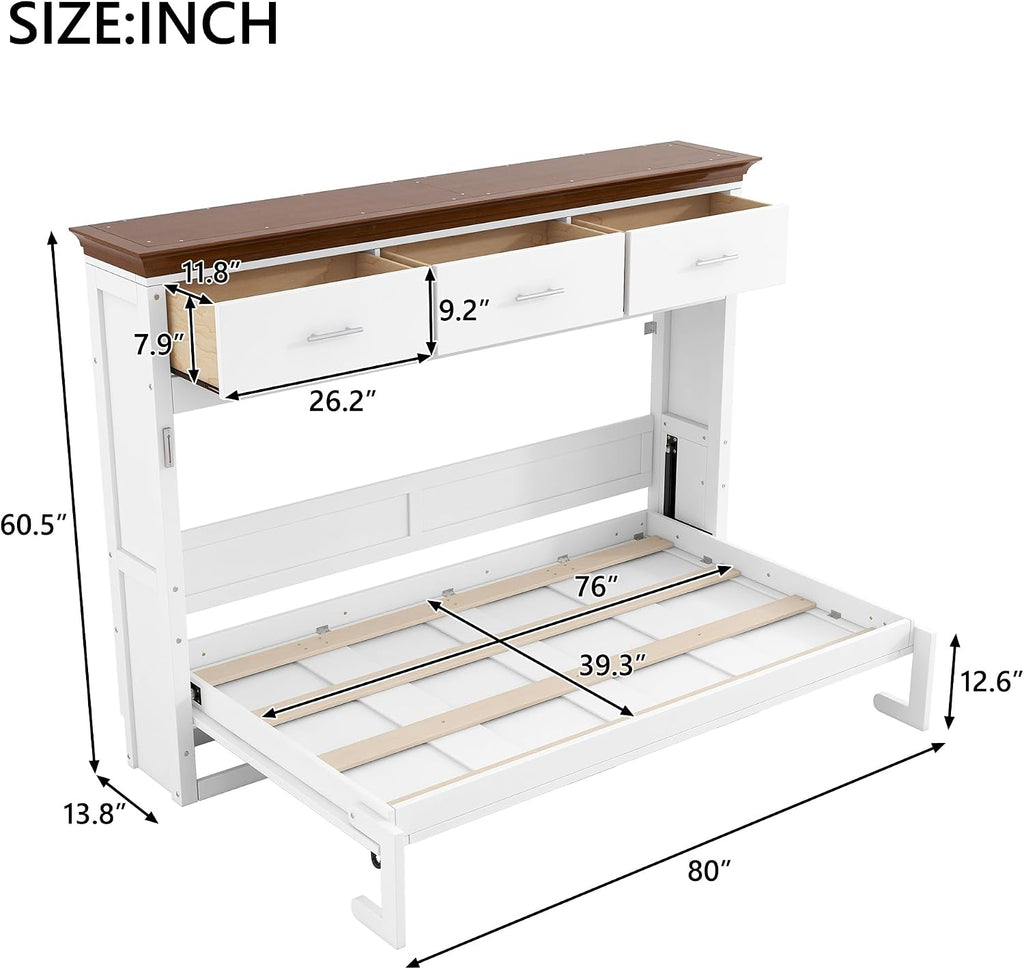 Twin Horizontal Murphy Bed with Storahe Drawers, Can be Folded into a Cabinet for Guest Room, Wood Foldable Wall Bed