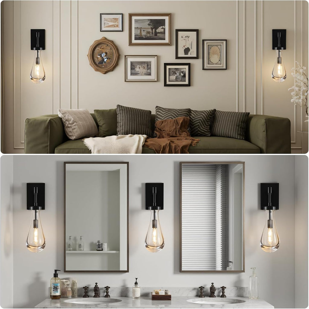 Raindrop Brass Crystal Wall Sconce: Set of 2 Clear Solid Indoor Sconces with Bulbs - Dimmable Vanity Lamp - Luxury