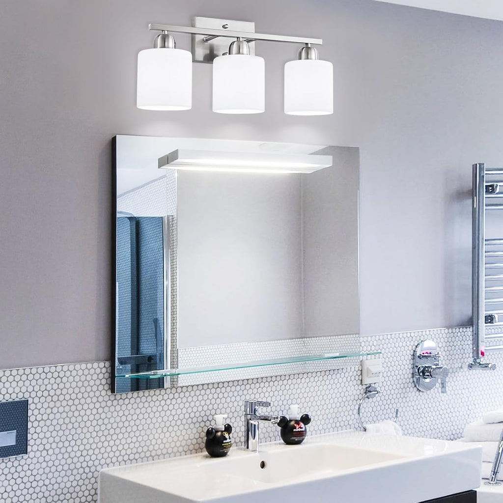 Brushed Nickel Bathroom Light Fixture, Anti-Rust Finish 3 Light Vanity Lights , Bath Lights with Milky White Frosted