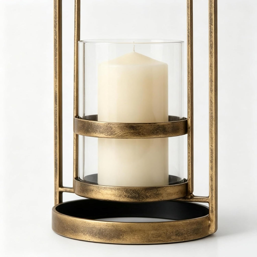 Hurricane Candle Holder Set of 2 with Glass & Metal Frame-Pillar Candle Holders Centerpiece Farmhouse Decor
