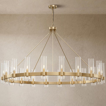 Inspired Ravelle Style 20-Lights Gold Chandelier,Wagon Wheel Chandelier with Glass Shade, 60 Inch Large Round Industrial High Ceilings Pendant Lighting Fixture for Dining Room, Living Room, Kitchen Island, Foyer