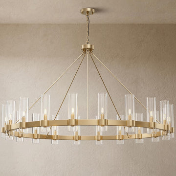 Inspired Ravelle Style 60 Inch Gold Wagon Wheel Chandelier with Glass Shade, 20 Lights, Modern Farmhouse Style, Ideal for Dining Room, Kitchen, Entryways