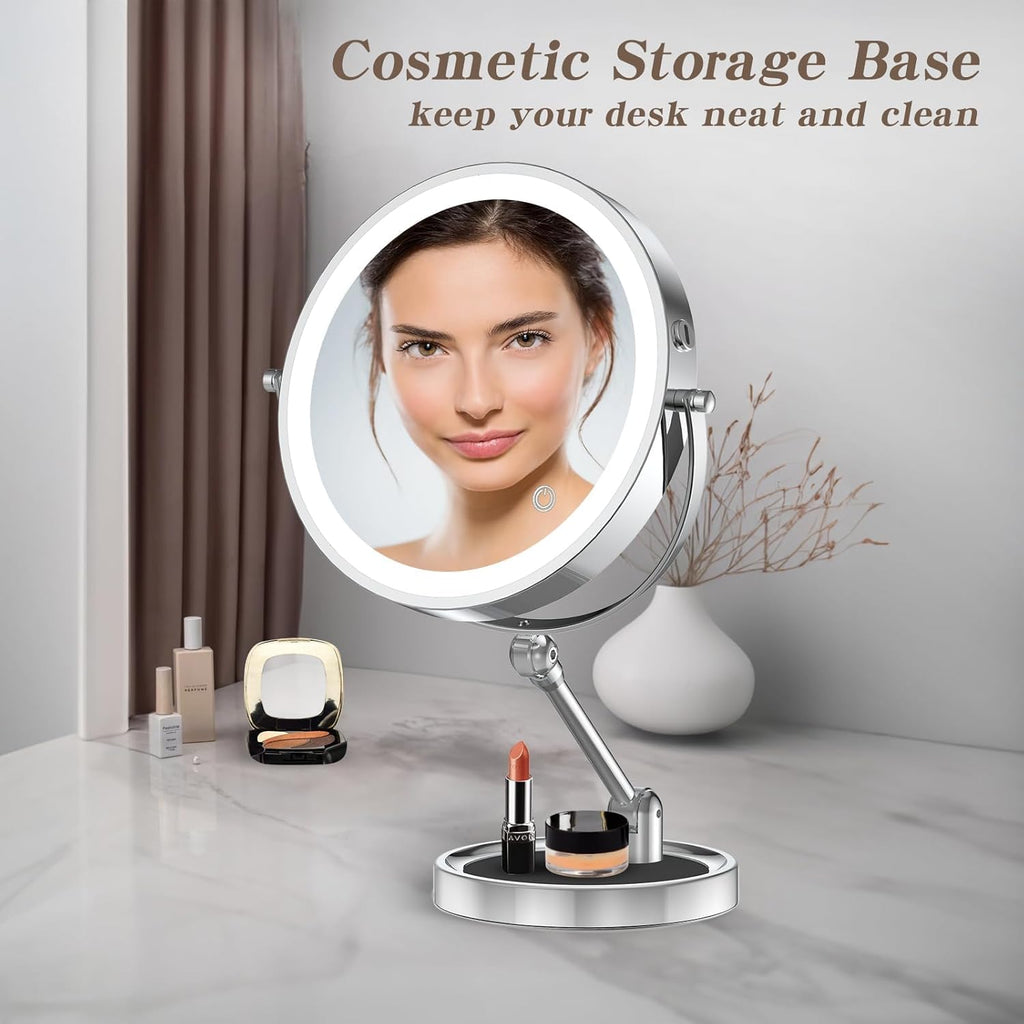 Tabletop Makeup Mirror with Built-in Vanity Tray, 9" Rechargeable 4000mAh Lighted Vanity Mirror 1X/10X Magnification