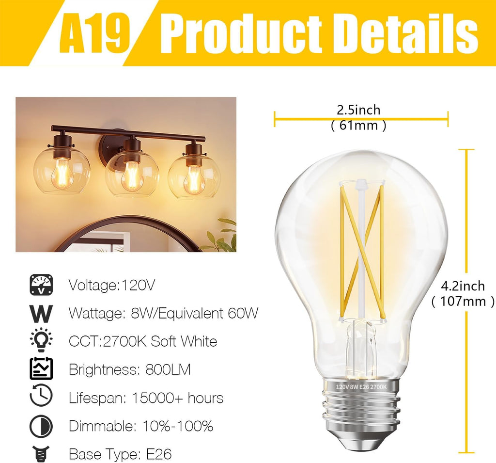12 Pack A19 Vintage LED Edison Bulbs, 60W Equivalent, Dimmable, High Brightness 2700K Warm White, 800 Lumens, 8W E26