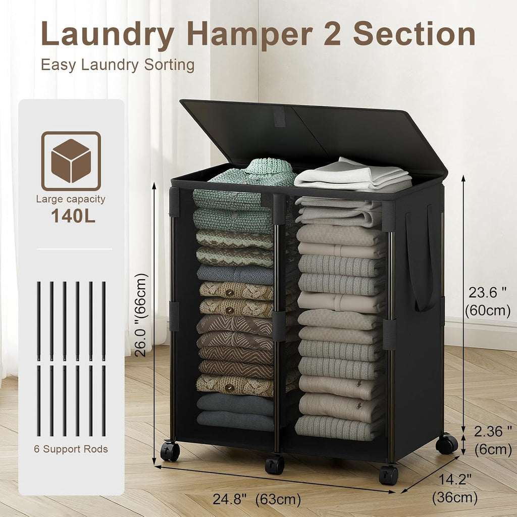 140L Double Laundry Hamper with Lid and 6 Wheels, Rolling Laundry Basket | Metal Frame Laundry Sorter 2 Section with