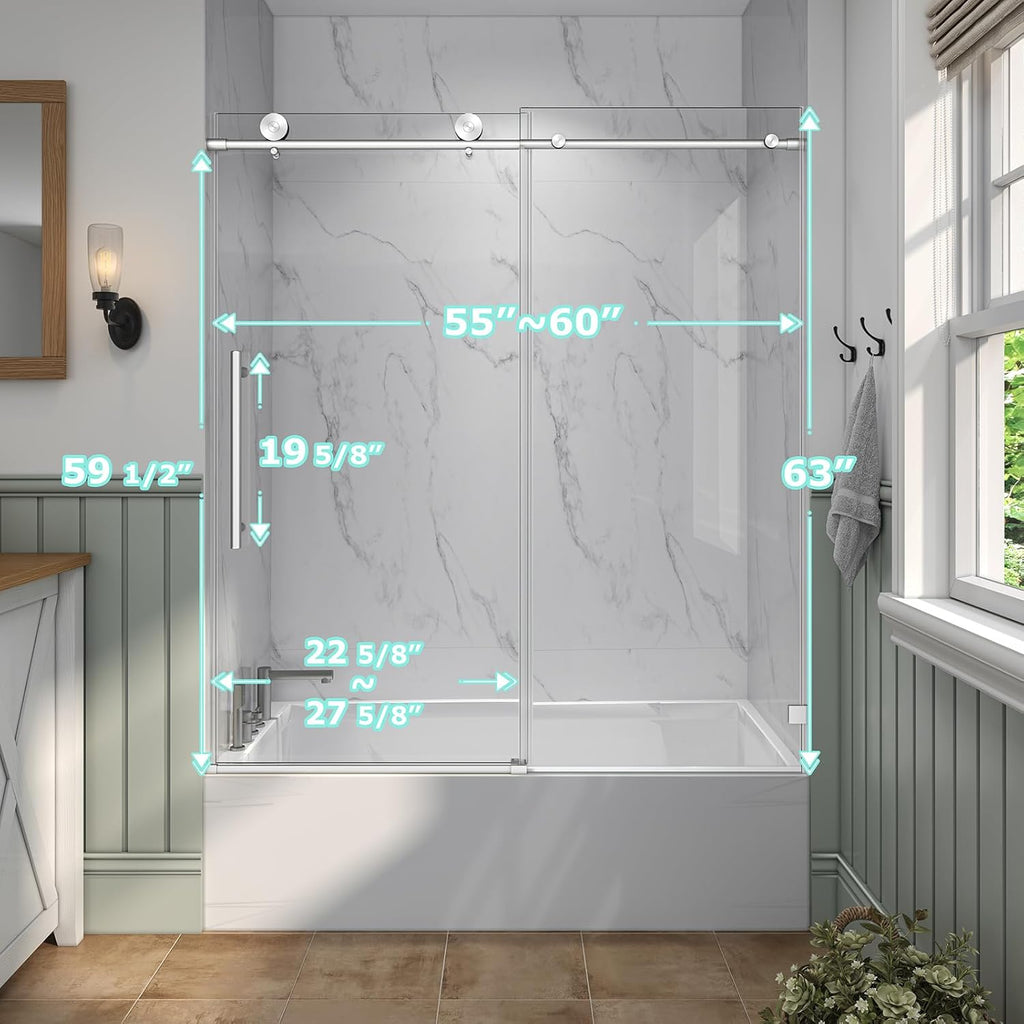 55"-60" W x 63" H Bathtub Soft Closing Sliding Shower Door