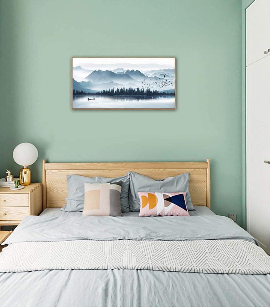Indigo Framed Canvas Wall Art Misty Mountain Wall Pictures Foggy Lake Boat Painting Prints Forest Birds Artwork Wall