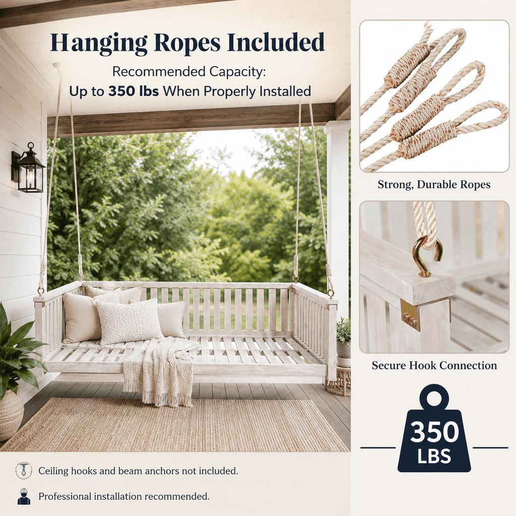 Twin Size Acacia Wood Hanging Swing Bed with Ropes, Outdoor Porch Daybed , Garden & Backyard, Minimalist Wooden Swing
