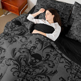 Erosebridal Gothic Damask Bed in a Bag Queen Comforter Set 7 Piece,Sugar Skull Bedding Sets Black Grey Victorian