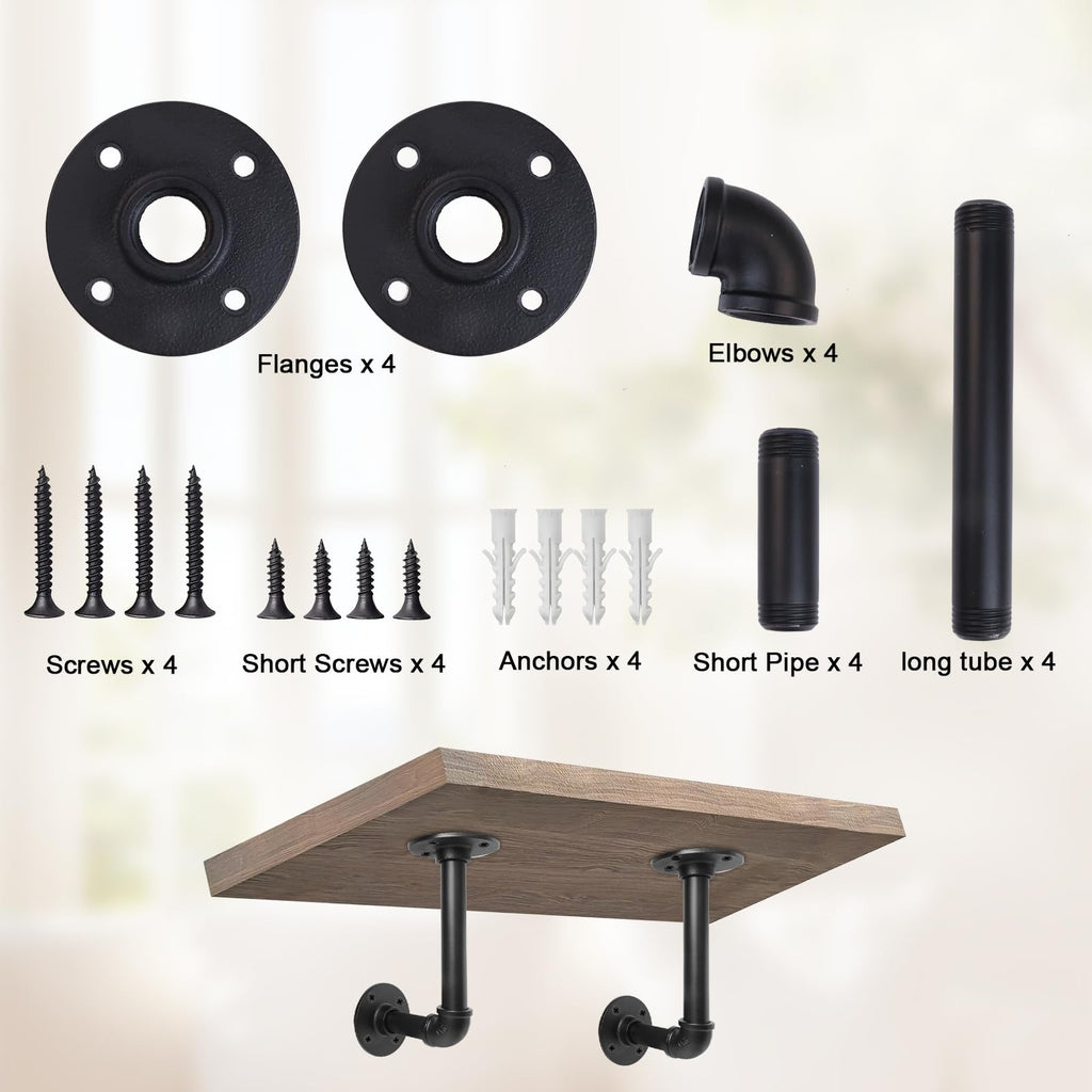 Industrial Pipe Shelf Brackets, 4 Pack Iron L-Shaped Shelving Brackets for 7-14 inches Board, Heavy Duty Metal