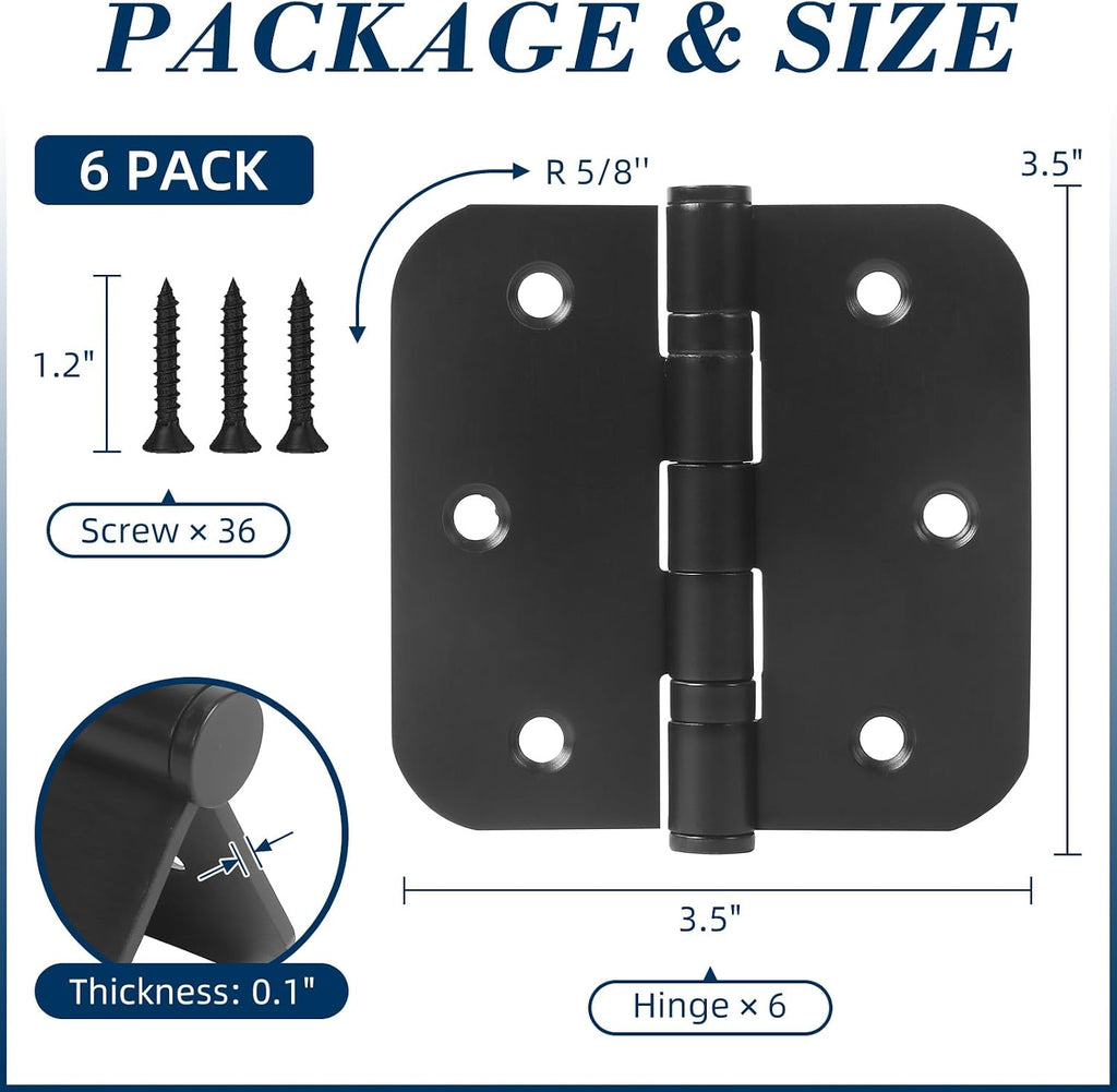 6 Pack 3.5 Inch x 3.5 Inch Door Hinges with 5/8'' Radius Corners