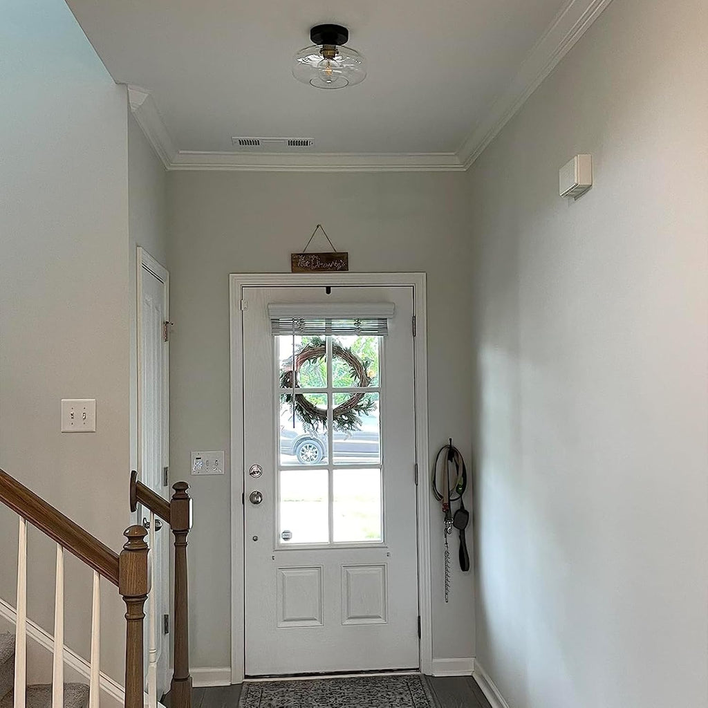 Semi Flush Mount Ceiling Light, 10.24" Modern Farmhouse | Clear Glass Light Fixture with Matte Black Finish, E26 Base
