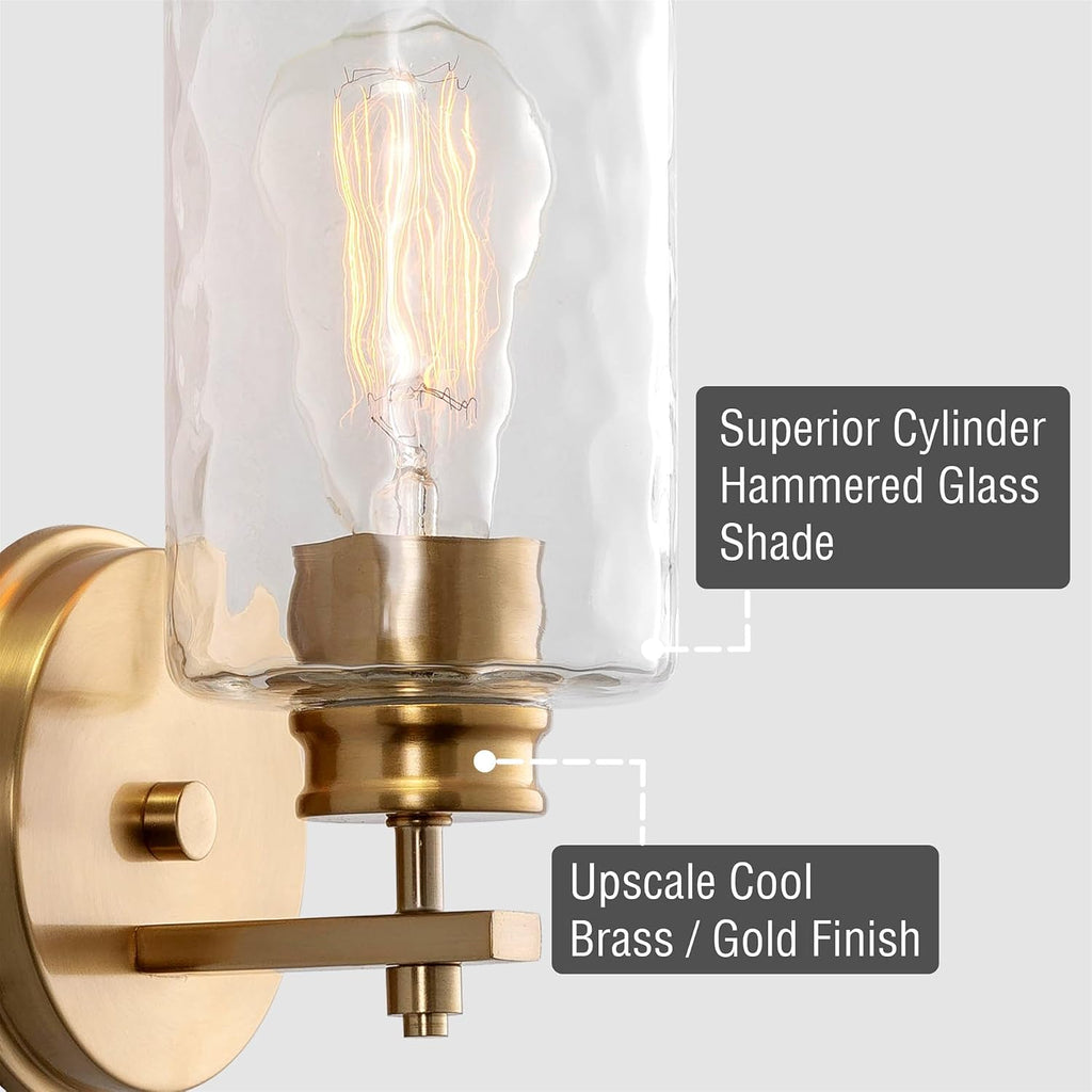 Phoebe 10" Modern Gold Wall Sconce with Hammered Glass Shade, Gold Wall Light with Water Glass Cylinder Shade, Cool