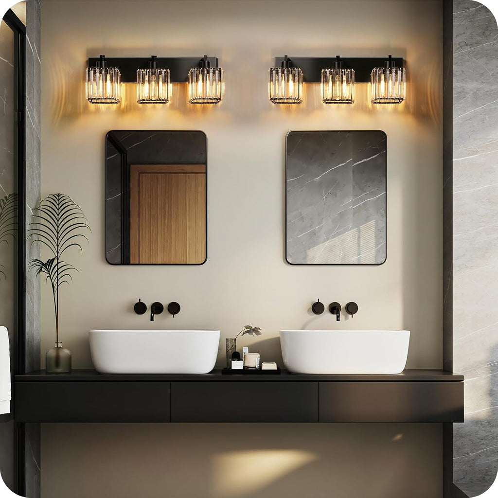 Modern Crystal Vanity Light, 3-Light Bathroom Light Fixture, 22" Square Vanity Lighting Fixture, E26 Base, Bulbs Not