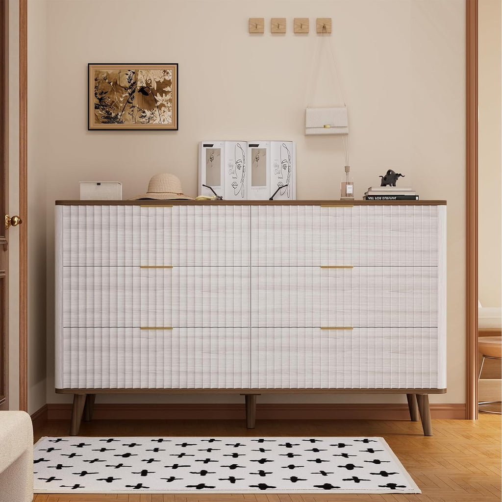 Fluted 6 Drawers Dresser, 47" Wide Wooden Chest of Drawers, Modern Mid Century Storage Closet Long Large Dresser