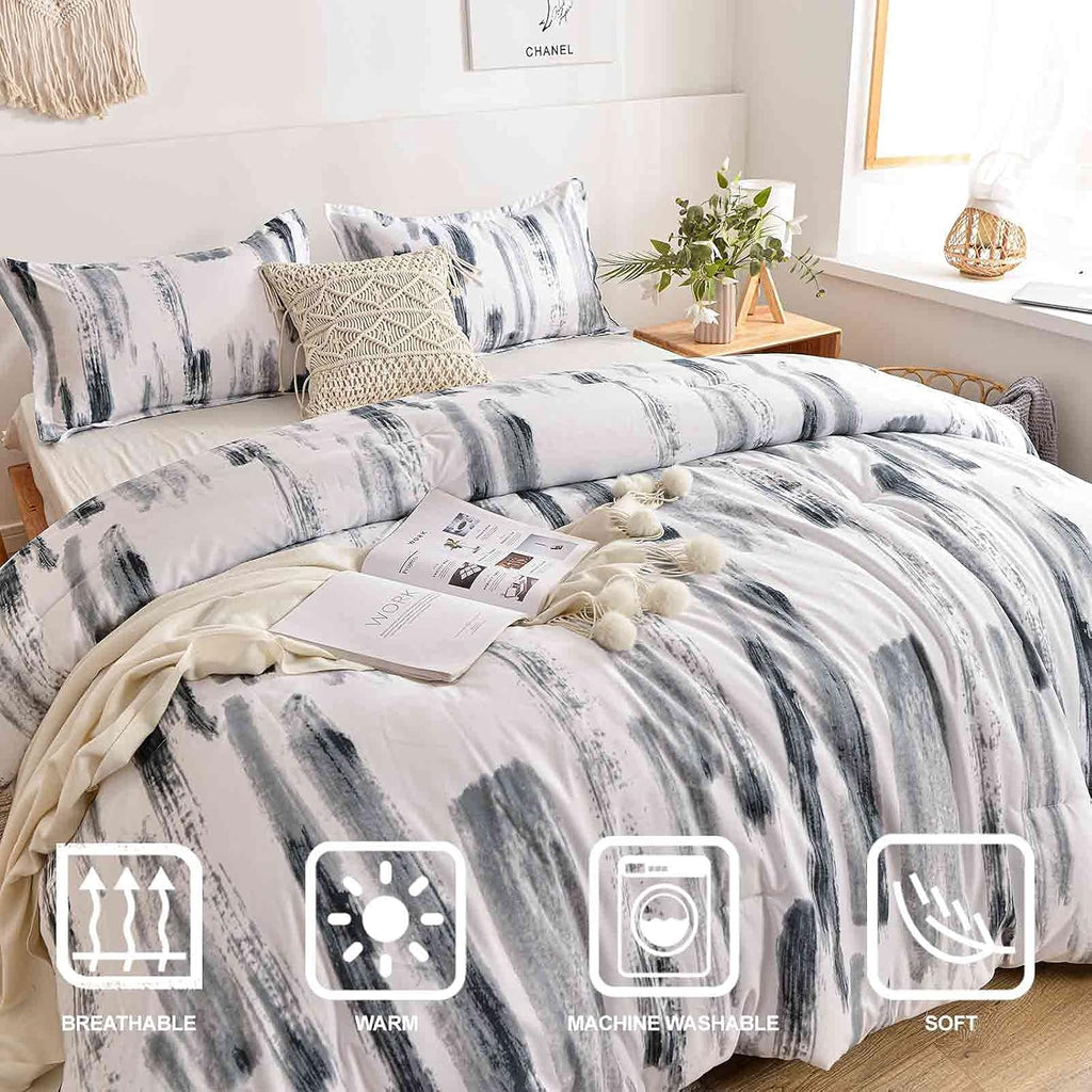 Queen Comforter Set 3pc, Art Grey White Printed Pattern Reversible Down Alternative Microfiber Bedding - All Season