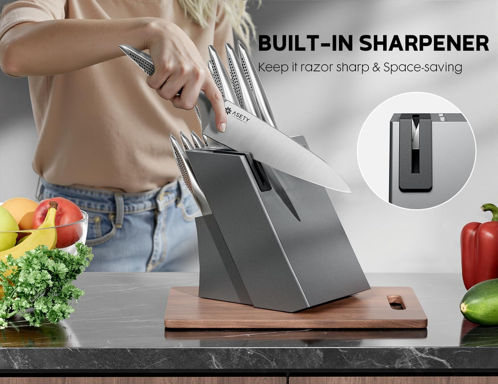 Knife Block Set, 15 PCS Knives Set , Stainless Steel | Ultra Sharp Kitchen Knife, Full Tang One-Piece Knife Set with