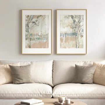 Framed Neutral Abstract Landscape Wall Art , Large Set of 2 Minimalist Tree Canvas Artwork for Walls, Modern Nature