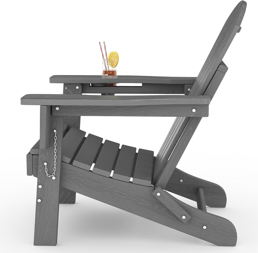 HDPE Folding Adirondack Chair Set of 2 with Side Table, Grey | All Weather Resistant Outdoor Chair with Wood Texture&