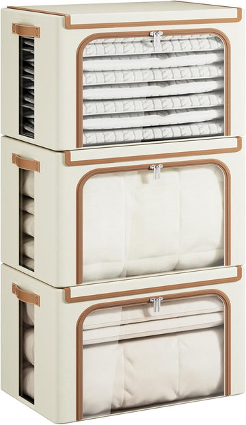 Clothes Storage Bins with Metal Frame, Foldable Clothing Storage Bin with Lid, Stackable Oxford Fabric Organizer Box