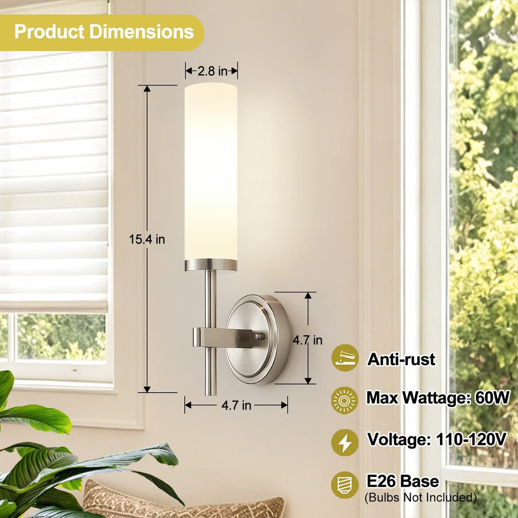 [Hardwired] Wall Sconces Set of Two, Brushed Nickel Bathroom Sconces with Milky White Glass, Modern Wall Light