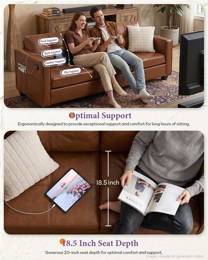 Brown Leather Sofa Couch Sectional Couches , Comfy Sofas with USB USB & Type C Charger, Home Office 3 Piece Living