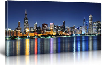 Large Canvas Wall Art Chicago Skyline, Oversized Colorful Blue Night View USA Cityscape Painting, Modern Panoramic