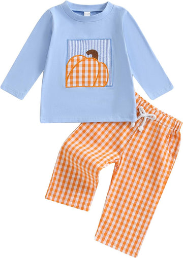 Toddler Baby Boy Fall Clothes Embroidery Shirt Top Elastic Waist Plaid Pants Set Trendy 2 Piece Outfit