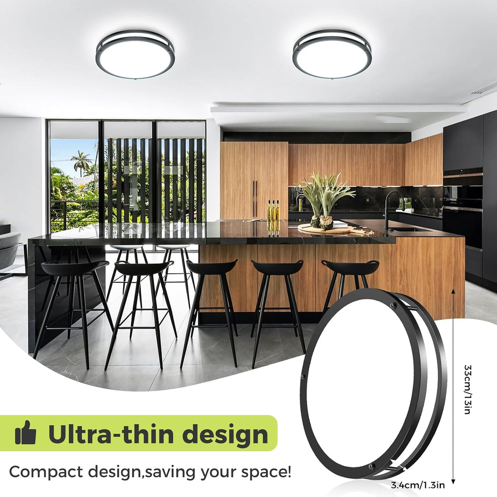 13inch Flush Mount Ceiling Light Fixture 2 Pack, Dimmable & 5 Color Temperatures Ceiling Light Black, 24W 3000K 3500K