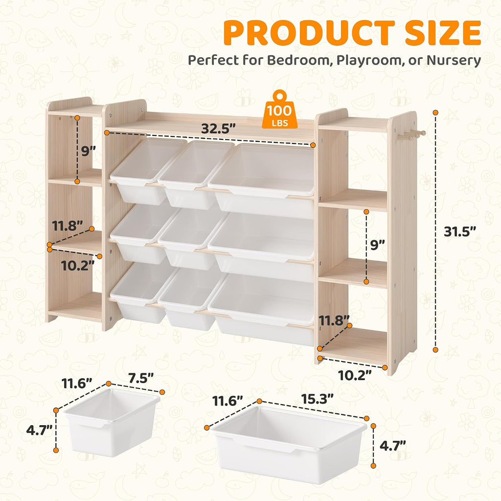 Toy Storage Organizer, Kids Bookshelf with 6 Shelves, 9 Toy Bins & 6 Hooks | Toy Shelf, Storage Bin Unit, Toy