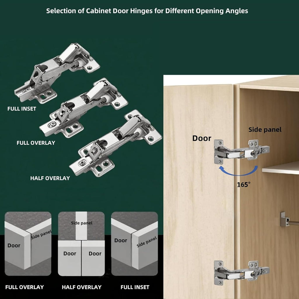 165 Degree Kitchen Cabinet Hinges (1 Pair, 2 PCS) Concealed Hydraulic Adjustable Mounting, Soft Closing Nickel-Plated