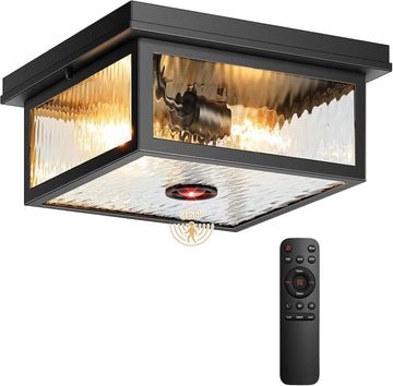 Black Motion Sensor Outdoor Ceiling Light with Remote Control, Flush Mount Ceiling Lighting for Porch, Garage