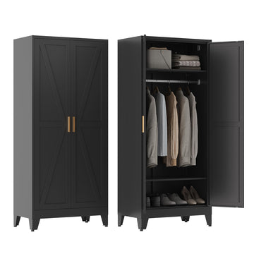 71" Metal Armoire Wardrobe Closet with Hanging Rod, Black-X 2 Shelves