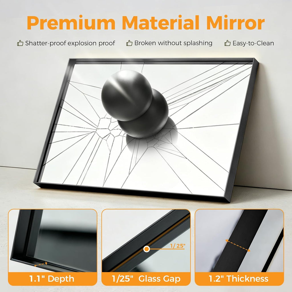 24x40 Wall Mirror, Bathroom Mirrors for Over Sink, Black, Matte Metal Framed Vanity Mirror with Tempered Glass