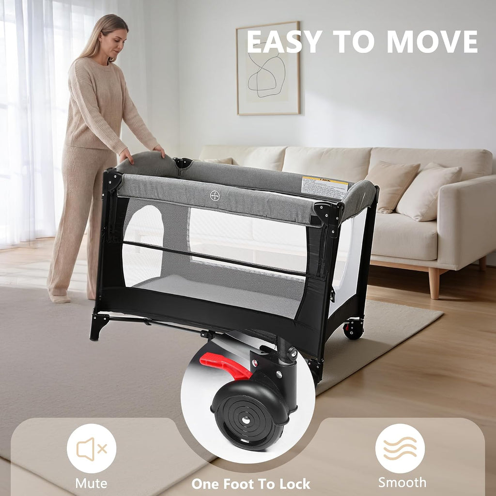 4 in 1 Portable Baby Playard, Baby Bedside Crib, Grey | Foldable Pack and Play w/Bassinet, Newborn Changing Table
