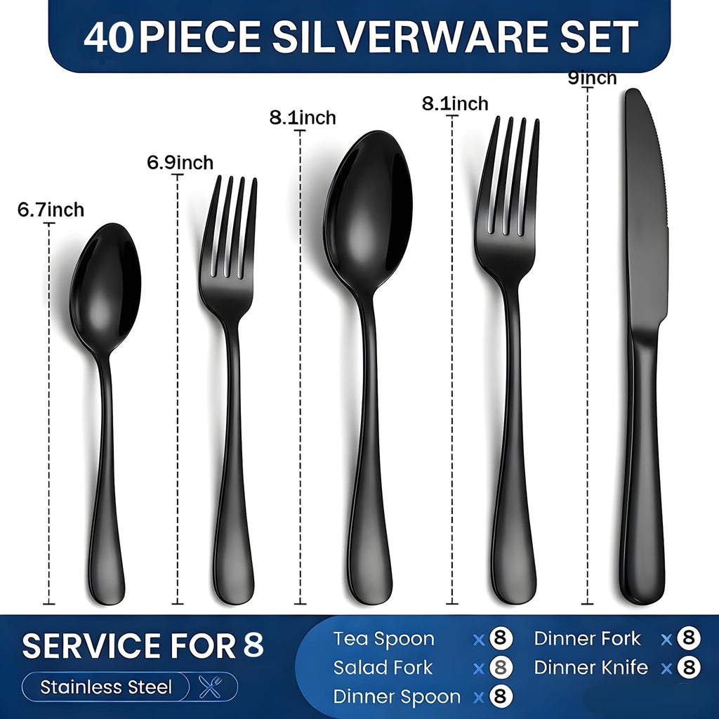 40-Piece Black Silverware Set, Stainless Steel Flatware Set Service for 8