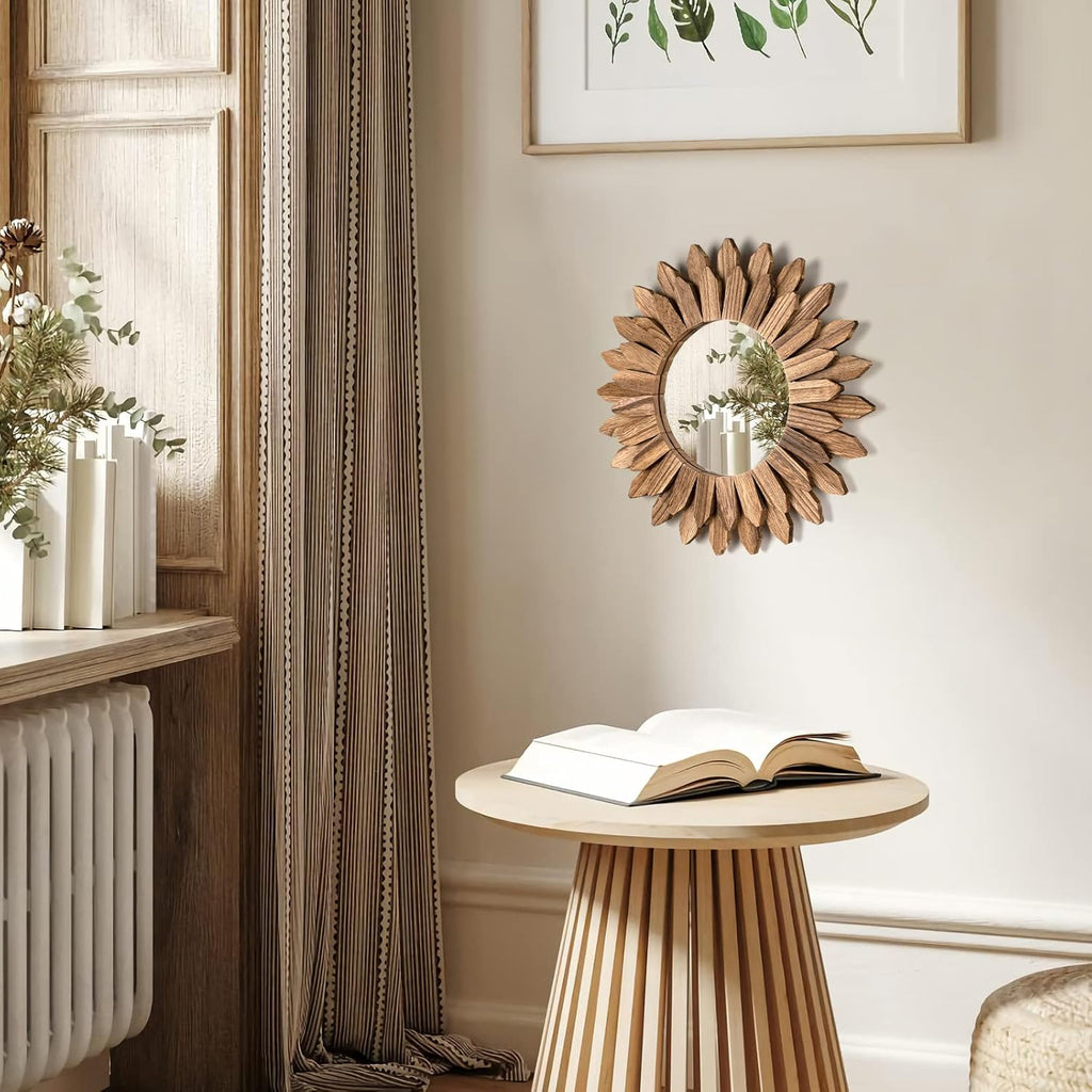 Wall Mirror Decorative 12 inch Rustic Wood Mirror Sunburst Boho Mirror Bedroom Living Room Bathroom House Warming