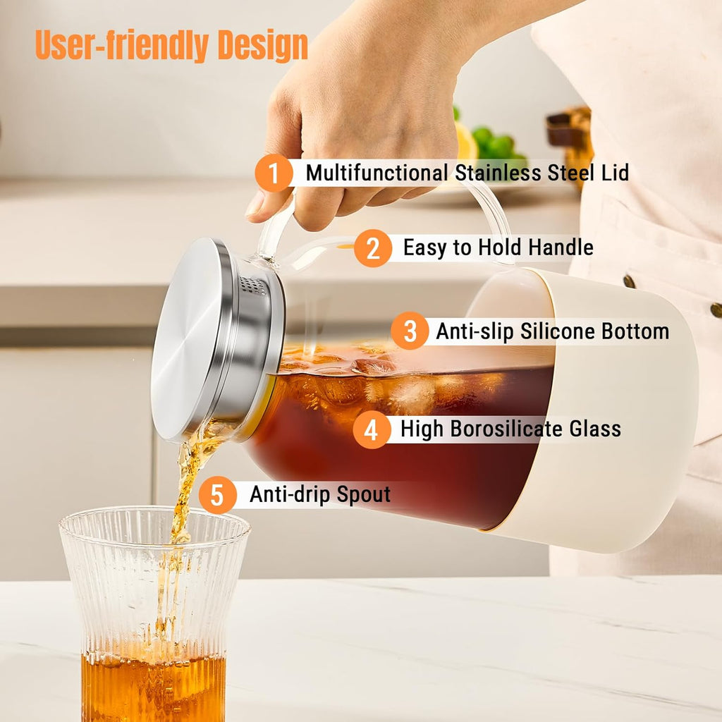 Water Jug Water Pitcher with Silicone Base 61oz/ 1.8L, Hot& Cold Glass Pitcher with Lid and Handle, Glass Carafe with