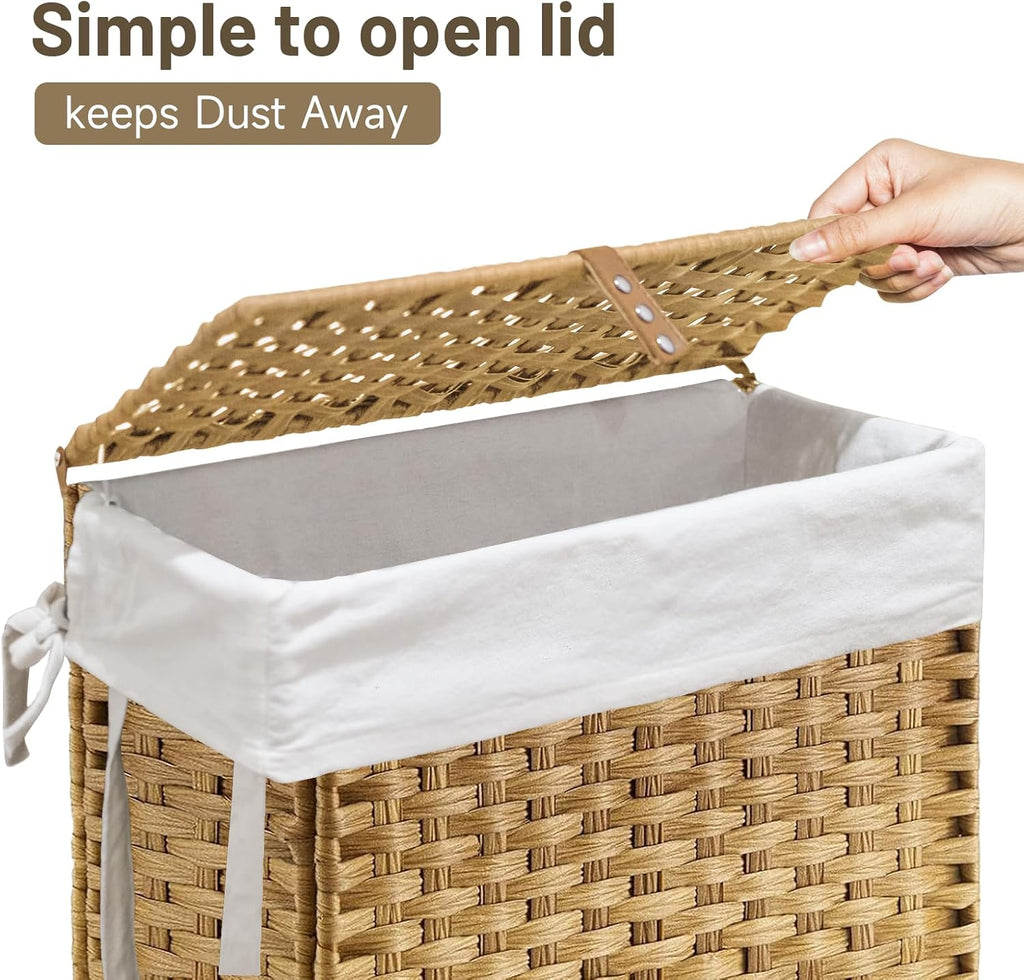 70L Slim Laundry Hamper with Lid & Wheels, Rolling Laundry Basket with 2 Removable Liner Bags & 3 Mesh Bags, Narrow