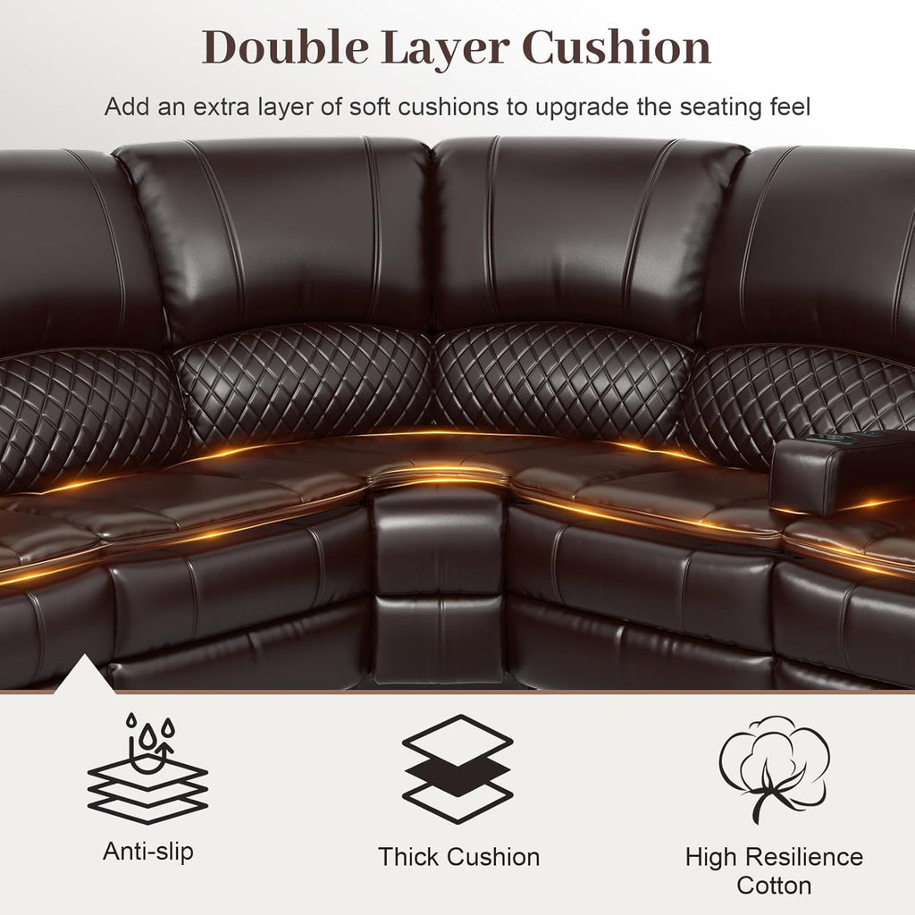 Home Theater Seating Reclining Sectional Sofa, 5 Seats Soft Leather Recliner Corner Sectional Couch
