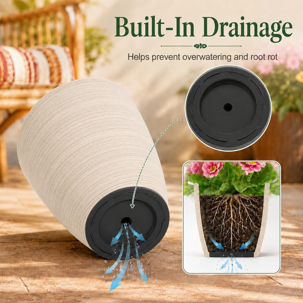 Set of 2 Tall Planter, 21 inch Large Planter, Oat Color | Ceramic-Look, Lightweight, Built-in Drain Hole, Saucers