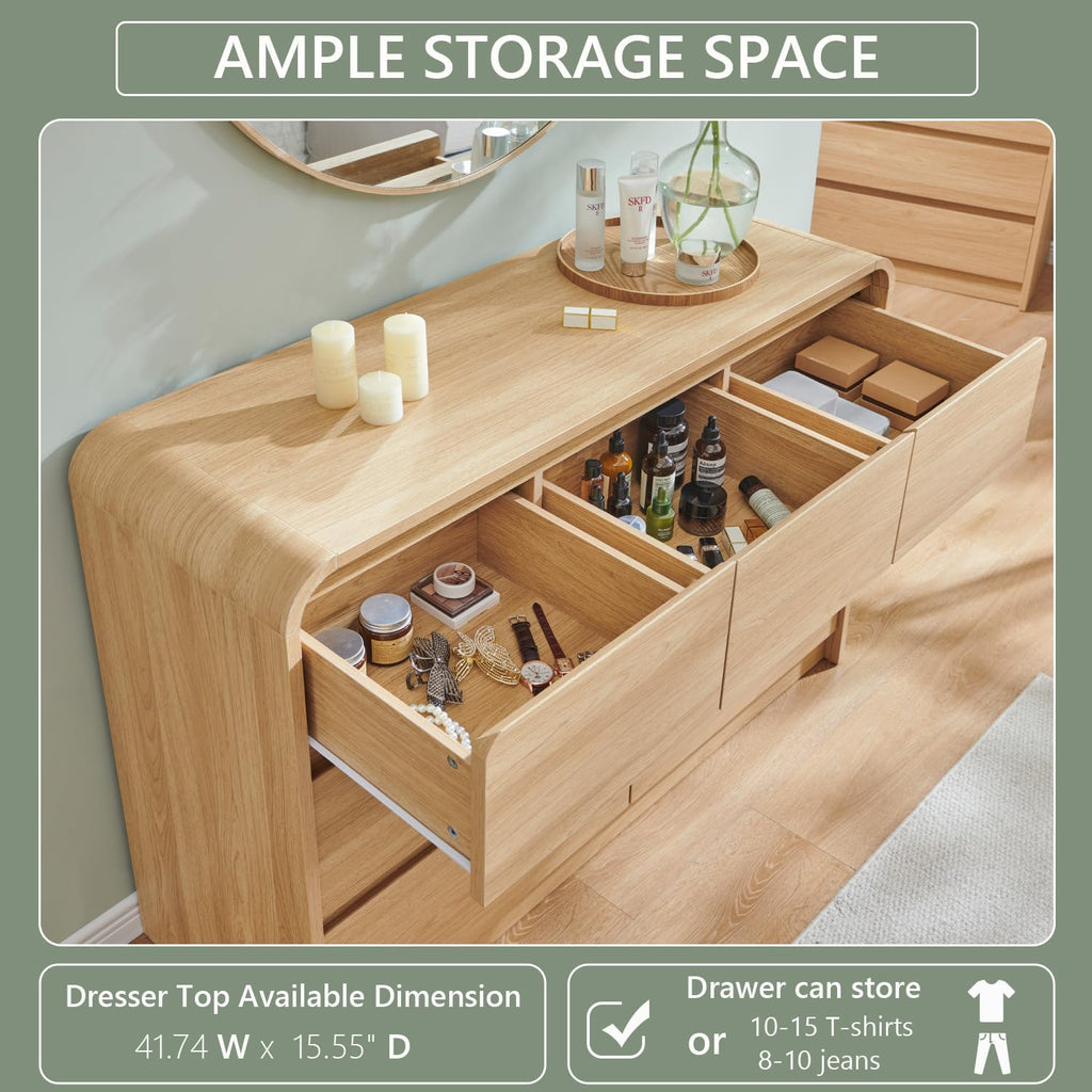 Modern 7 Drawers Dresser , 47" Wide Wood Dressers & Chests of Drawers w/Curved Profile Design, Mid Century Modern